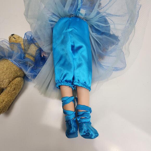 Sweet Ballerina with Teddy Bear 18" Dressed in Blue Satin & Tulle Porcelain Doll - Picture 10 of 14